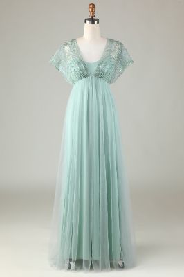 Tulle Sparkly Sage Bridesmaid Dress with Beading made by Zapaka