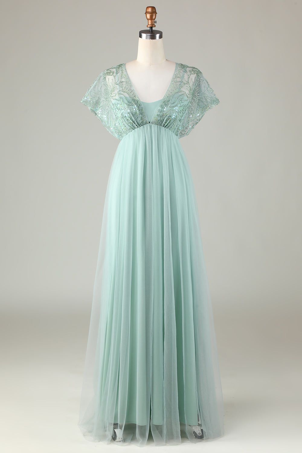 Tulle Sparkly Sage Bridesmaid Dress with Beading sold by Zapaka