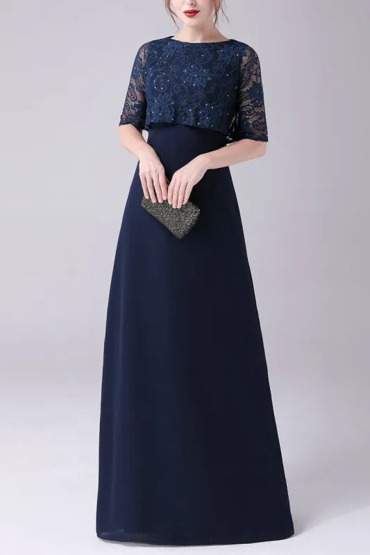 Navy Short Sleeves A-line Chiffon Floor Length Mother of the Bride Dress sold by Zapaka
