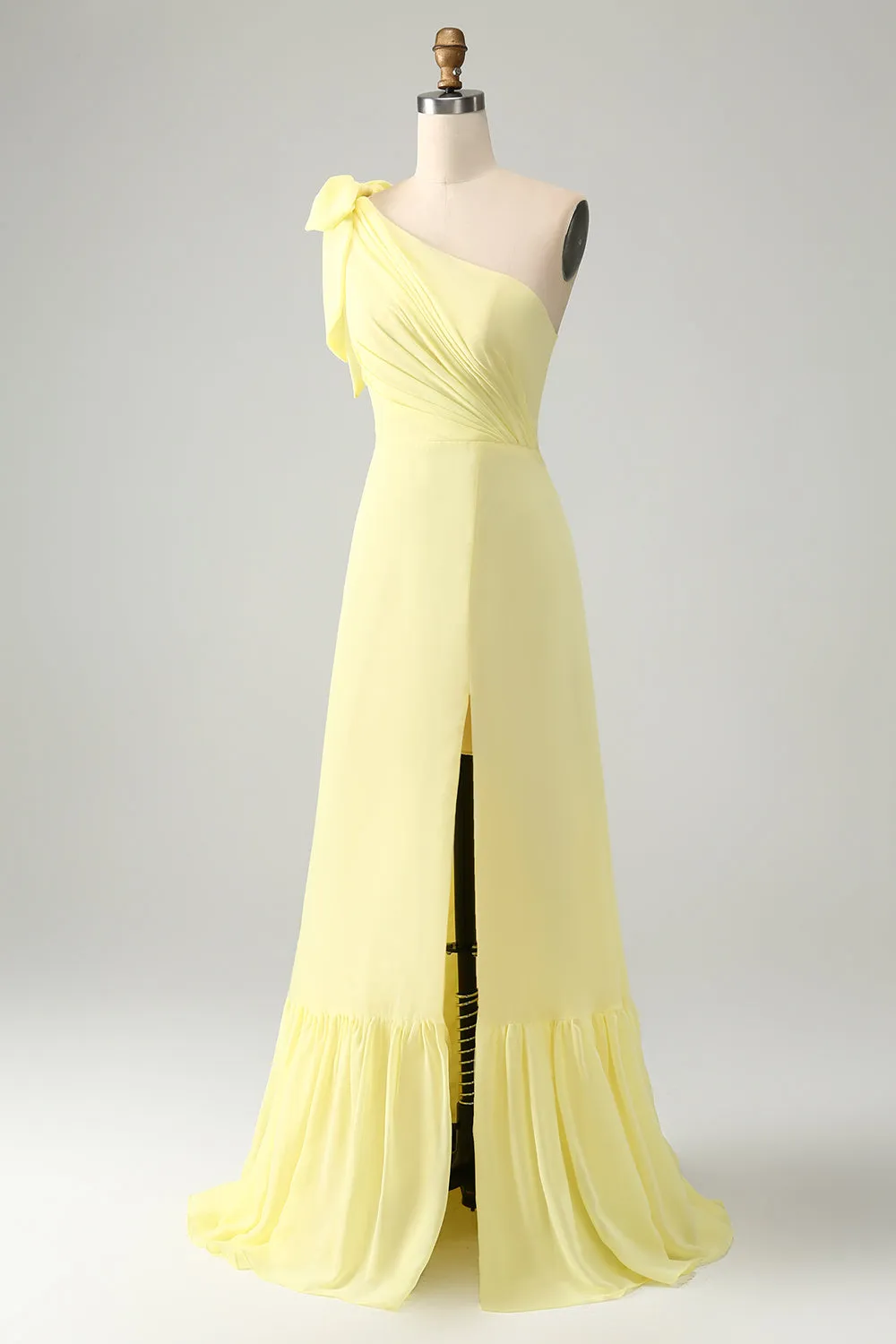 A Line One Shoulder Yellow Long Wedding Guest Dress with Slit sold by Zapaka product image thumbnail 3