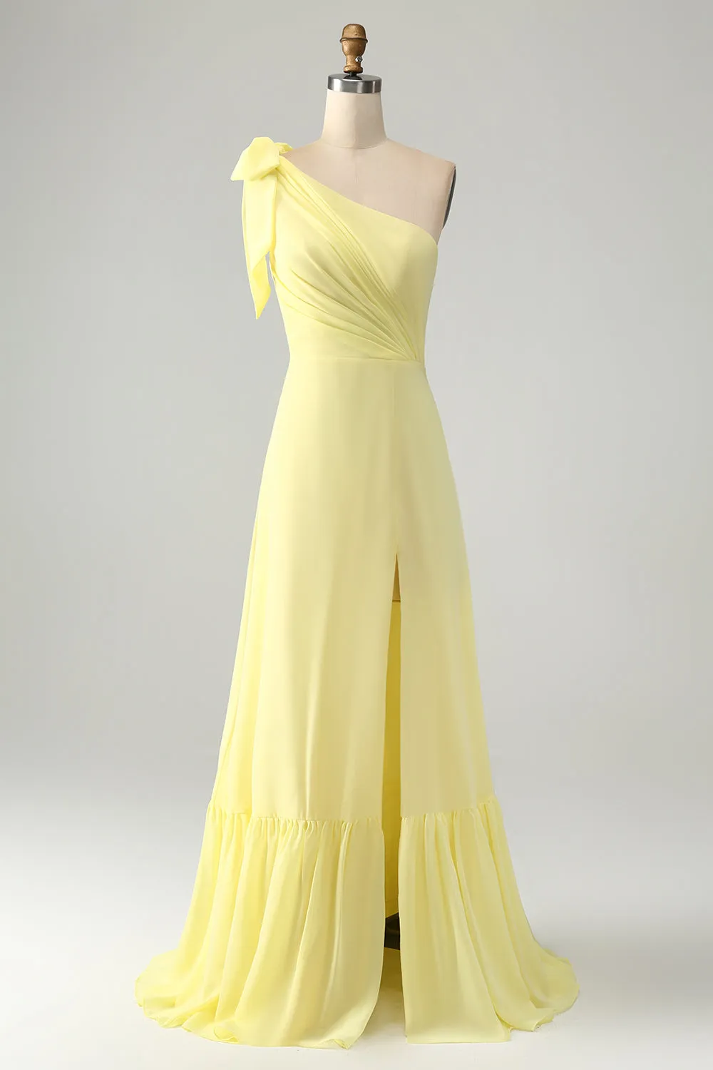 A Line One Shoulder Yellow Long Wedding Guest Dress with Slit sold by Zapaka