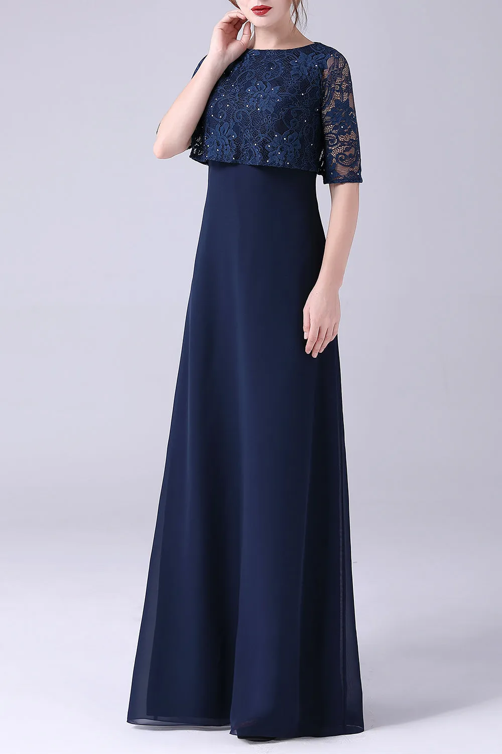 Navy Short Sleeves A-line Chiffon Floor Length Mother of the Bride Dress sold by Zapaka product image thumbnail 3
