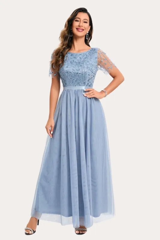 Sparkly Blue Beaded Long Tulle Prom Dress sold by Zapaka