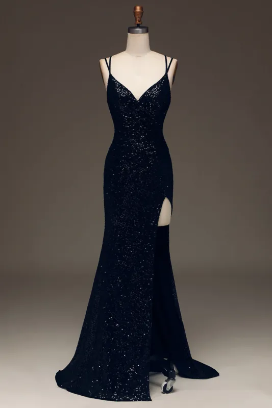 Black Sparkly Sequin Mermaid Long Prom Dress With Slit sold by Zapaka