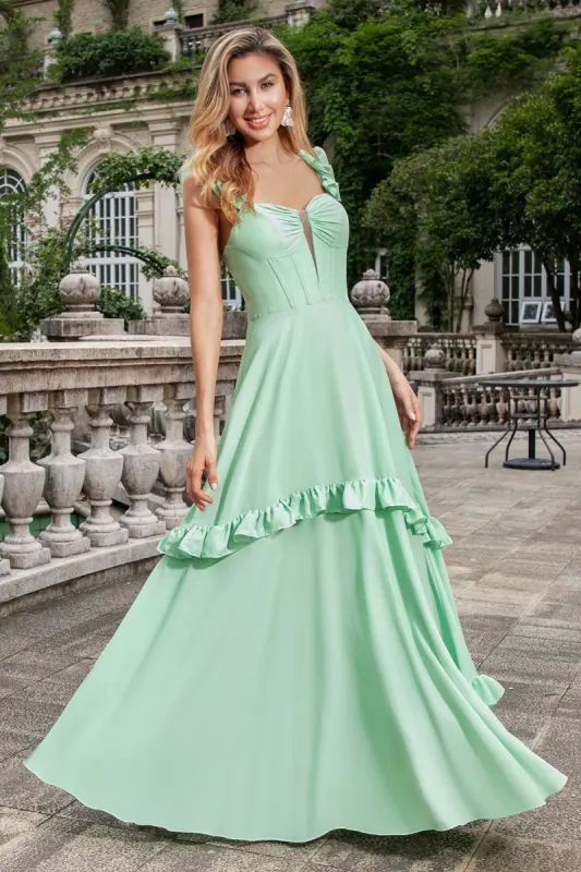 Green A Line Off The Shoulder Corset Maxi Bridesmaid Dress With Ruffles sold by Zapaka