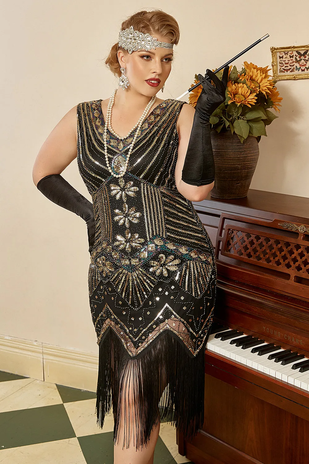 Black 1920s Plus Size Beaded Sequins Flapper Dress sold by Zapaka product image thumbnail 5