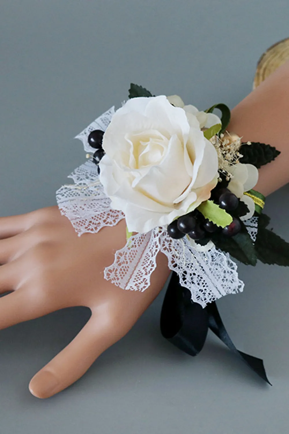 Luxury Black White Homecoming Wrist Corsage and Men's Boutonniere Set sold by Zapaka product image thumbnail 4