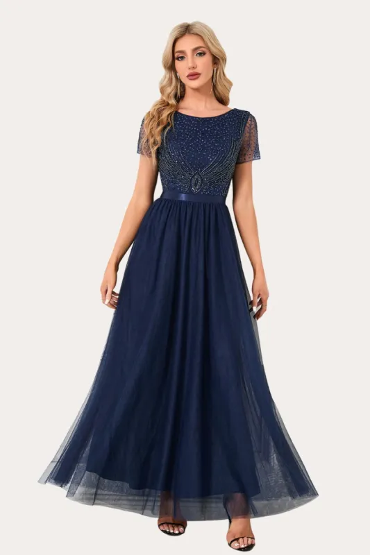 Sparkly Navy Boat Neck Beaded Long Prom Dress sold by Zapaka