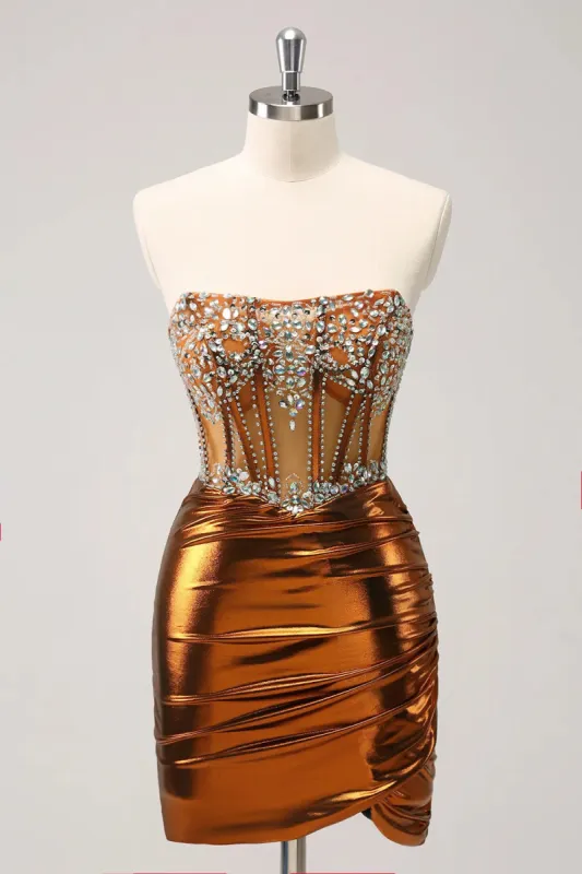 Glitter Beaded Copper Corset Pleated Strapless Short Tight Homecoming Dress sold by Zapaka