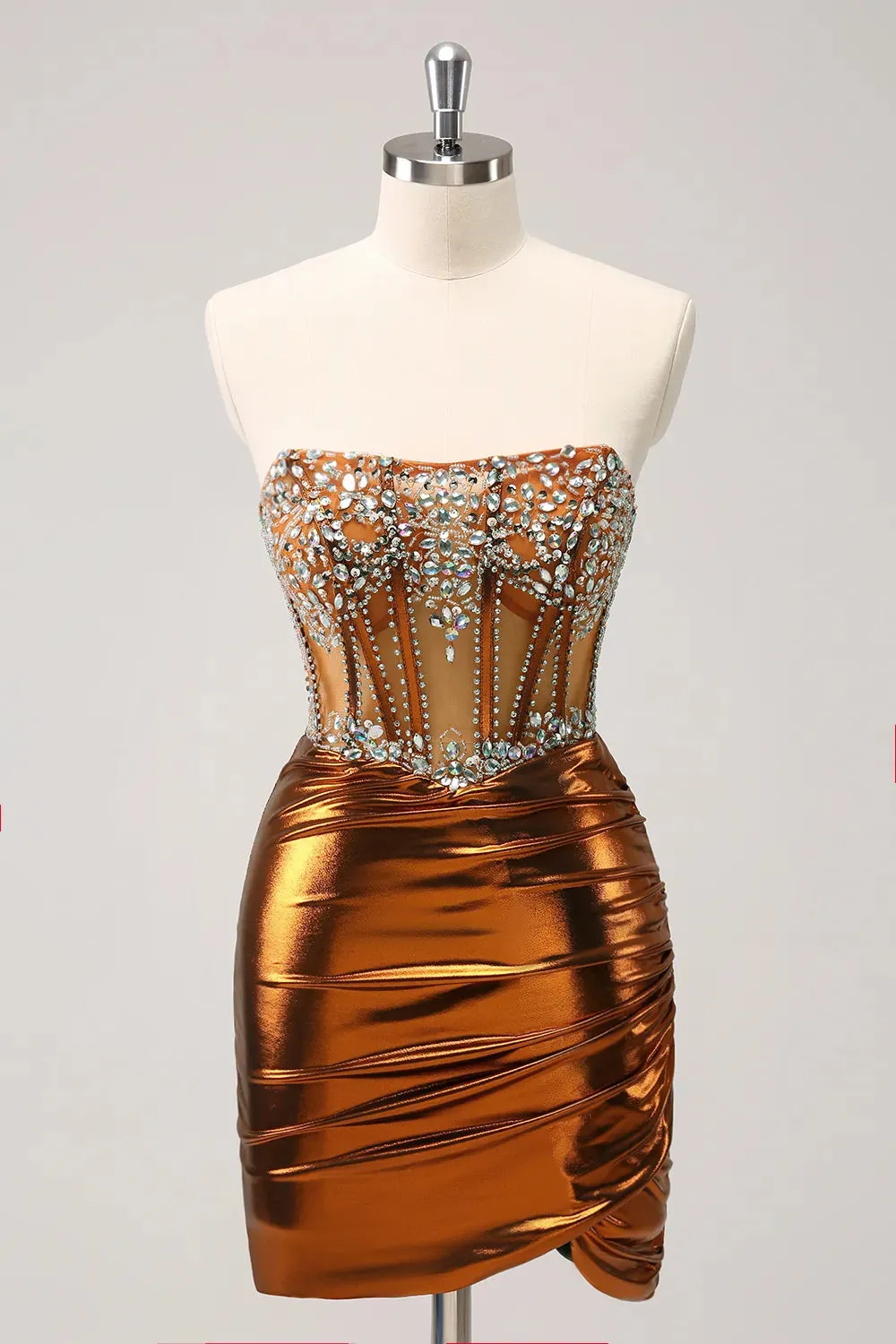 Glitter Beaded Copper Corset Pleated Strapless Short Tight Homecoming Dress sold by Zapaka