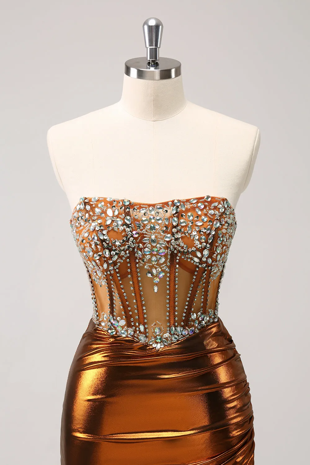 Glitter Beaded Copper Corset Pleated Strapless Short Tight Homecoming Dress sold by Zapaka product image thumbnail 4