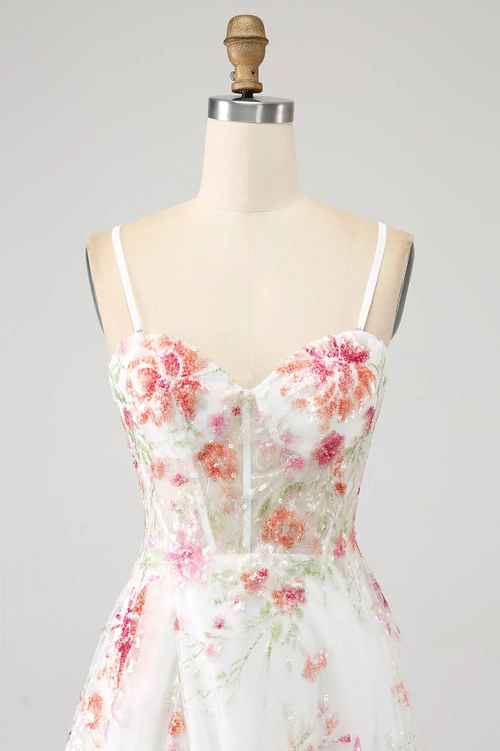 Ivory Flower Embroidered Long Corset Prom Dress with Slit sold by Zapaka product image thumbnail 4