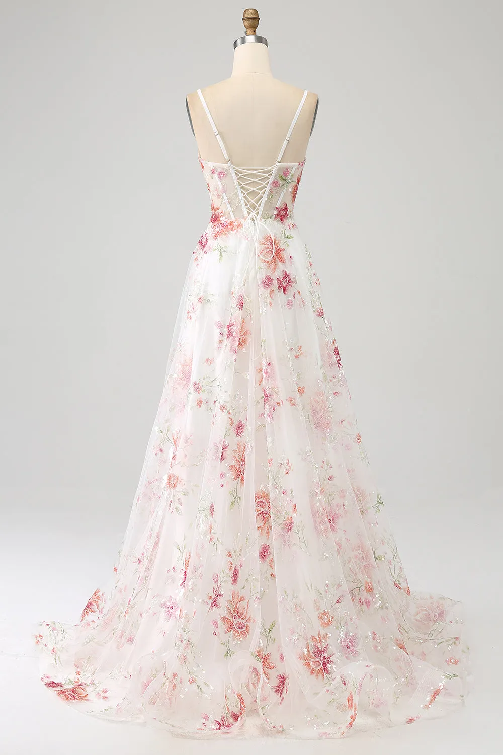 Ivory Flower Embroidered Long Corset Prom Dress with Slit sold by Zapaka product image thumbnail 2