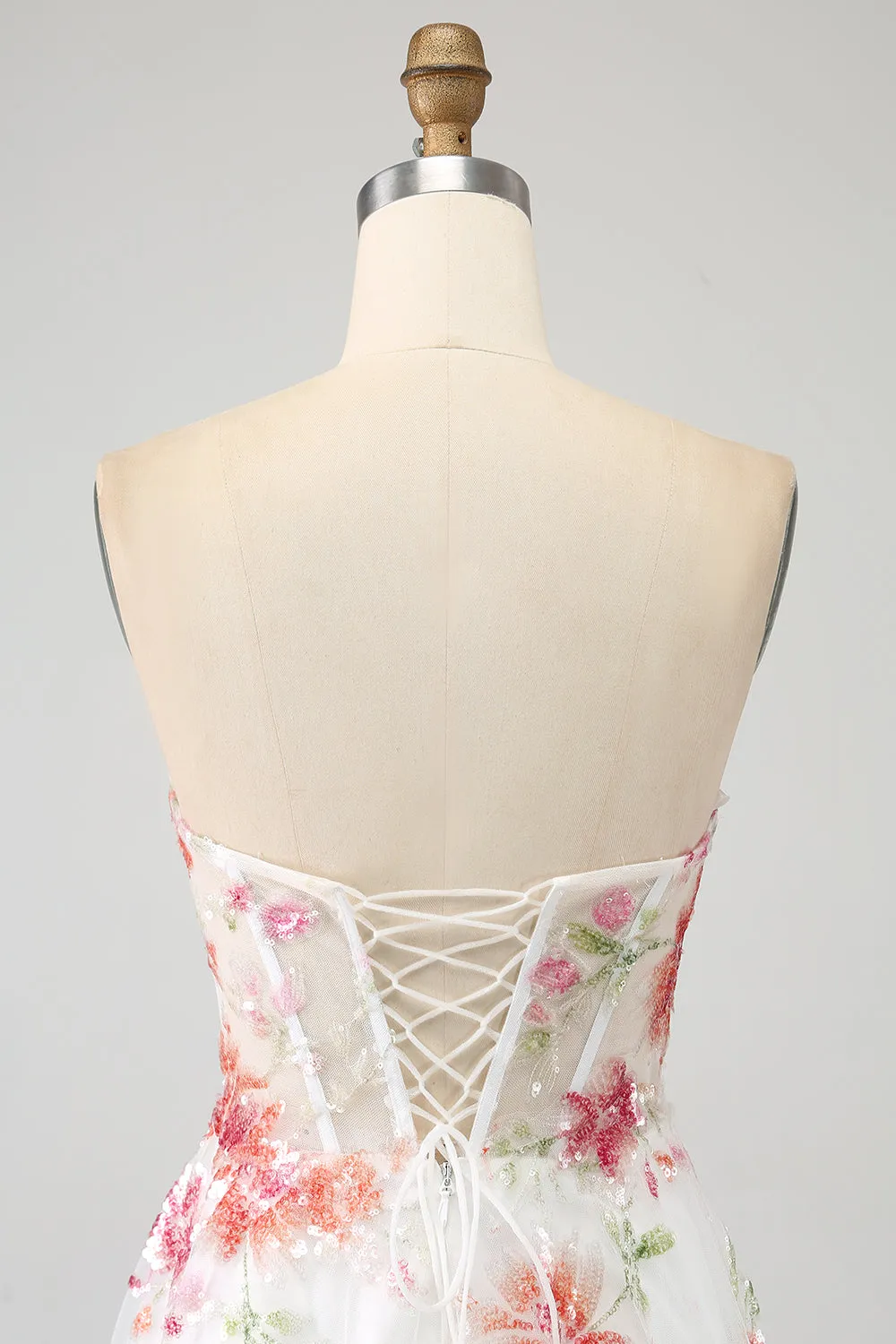 Ivory Flower Embroidered Long Corset Prom Dress with Slit sold by Zapaka product image thumbnail 5