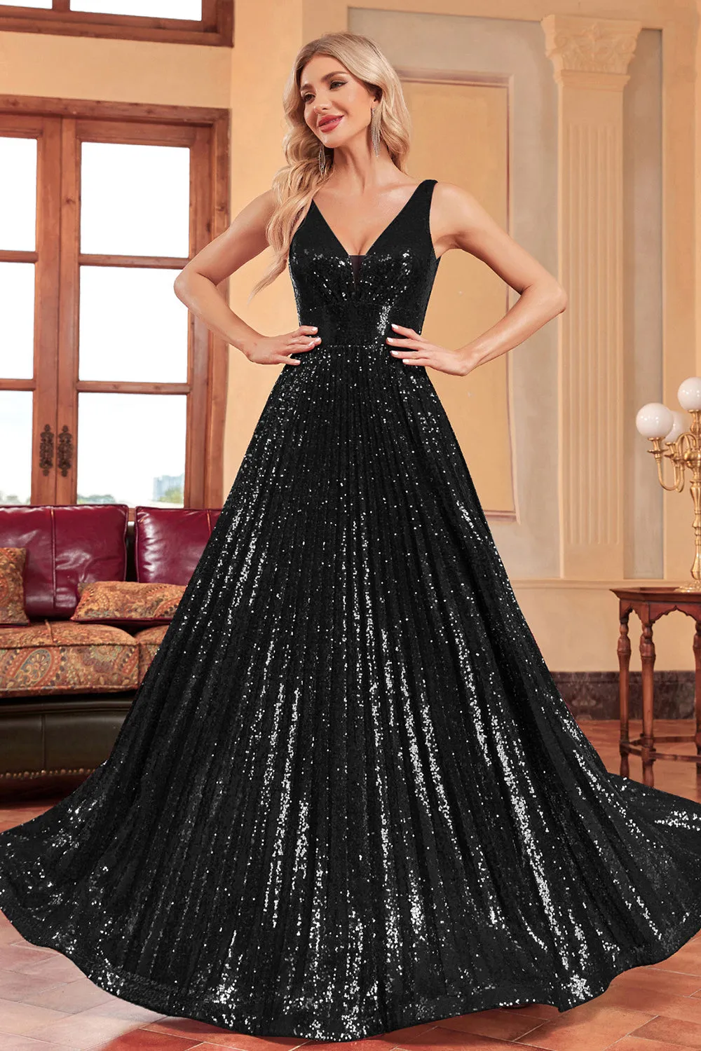 Sparkly A-Line Black Prom Dress with Sequins sold by Zapaka