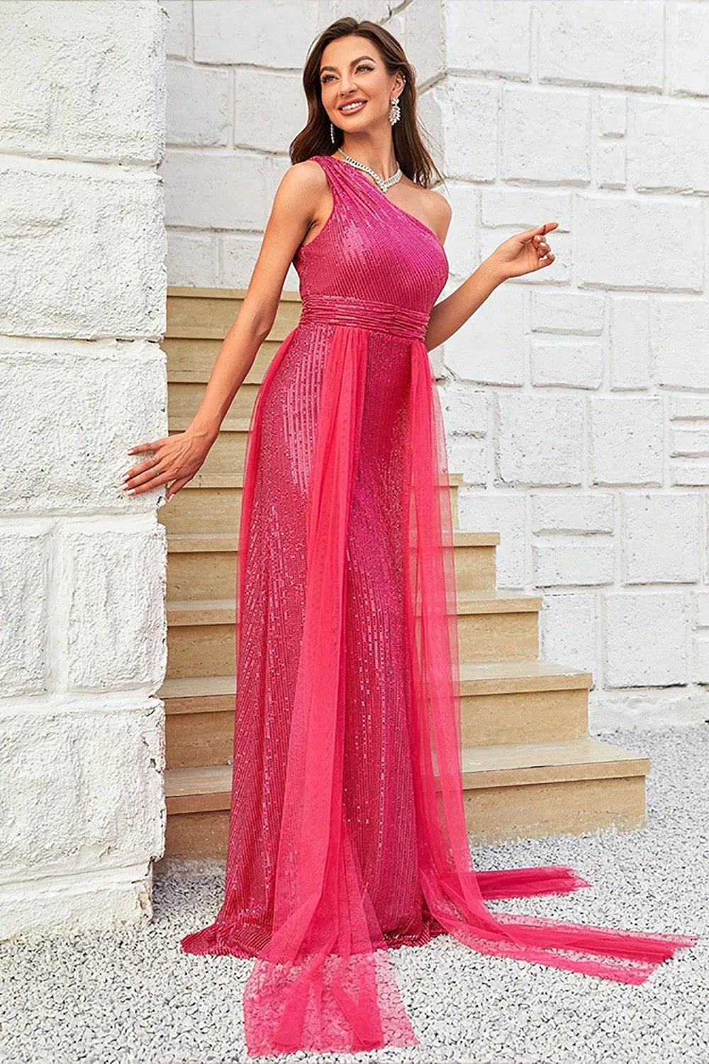 Hot Pink One Shoulder Sparkly Prom Dress sold by Zapaka product image thumbnail 4