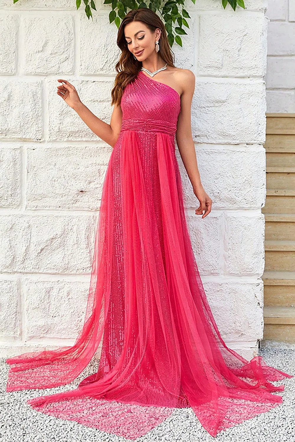 Hot Pink One Shoulder Sparkly Prom Dress sold by Zapaka product image thumbnail 5