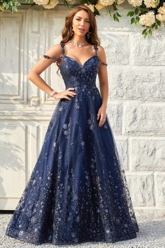 A Line Off the Shoulder Navy Long Prom Dress with Appliques sold by Zapaka