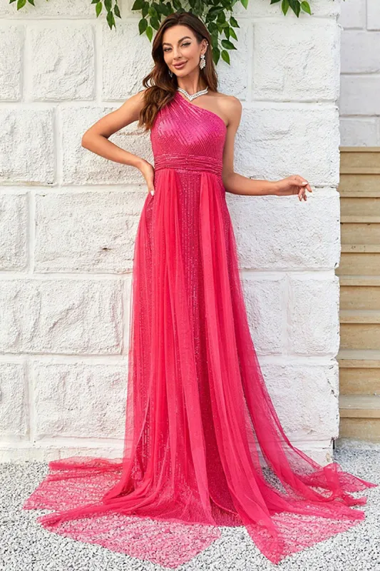 Hot Pink One Shoulder Sparkly Prom Dress sold by Zapaka