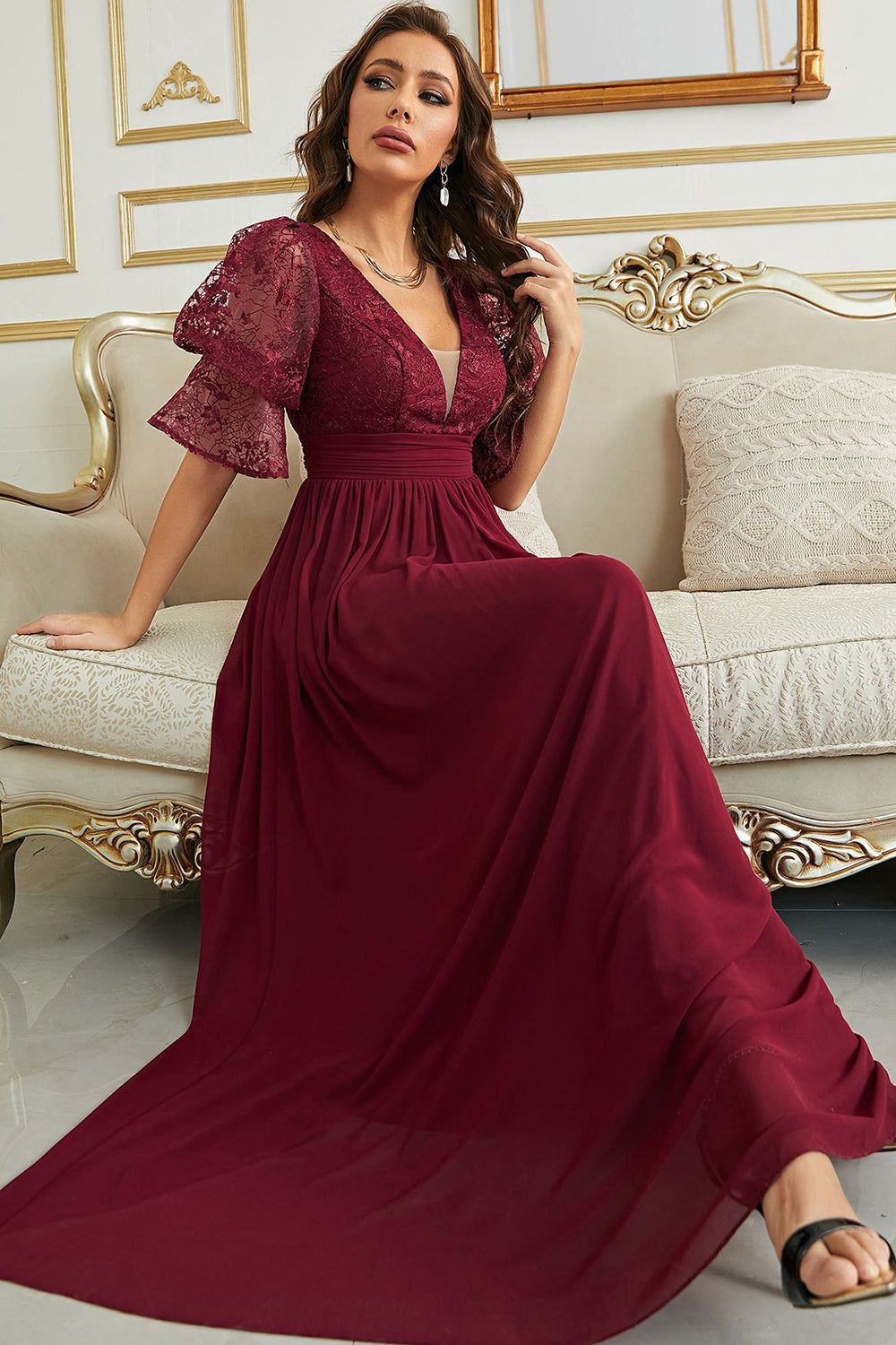 Burgundy Chiffon Bridesmaid Dress with Lace sold by Zapaka product image thumbnail 5