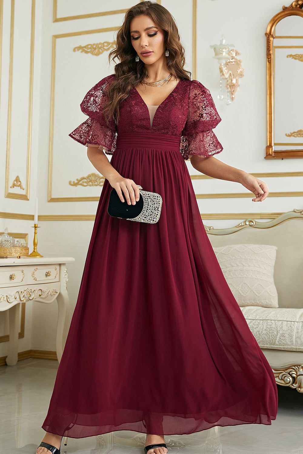 Burgundy Chiffon Bridesmaid Dress with Lace sold by Zapaka product image thumbnail 3