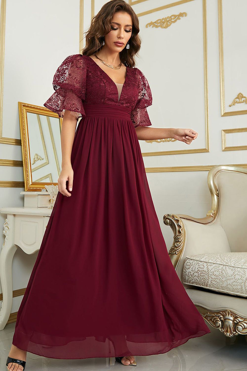 Burgundy Chiffon Bridesmaid Dress with Lace sold by Zapaka product image thumbnail 4