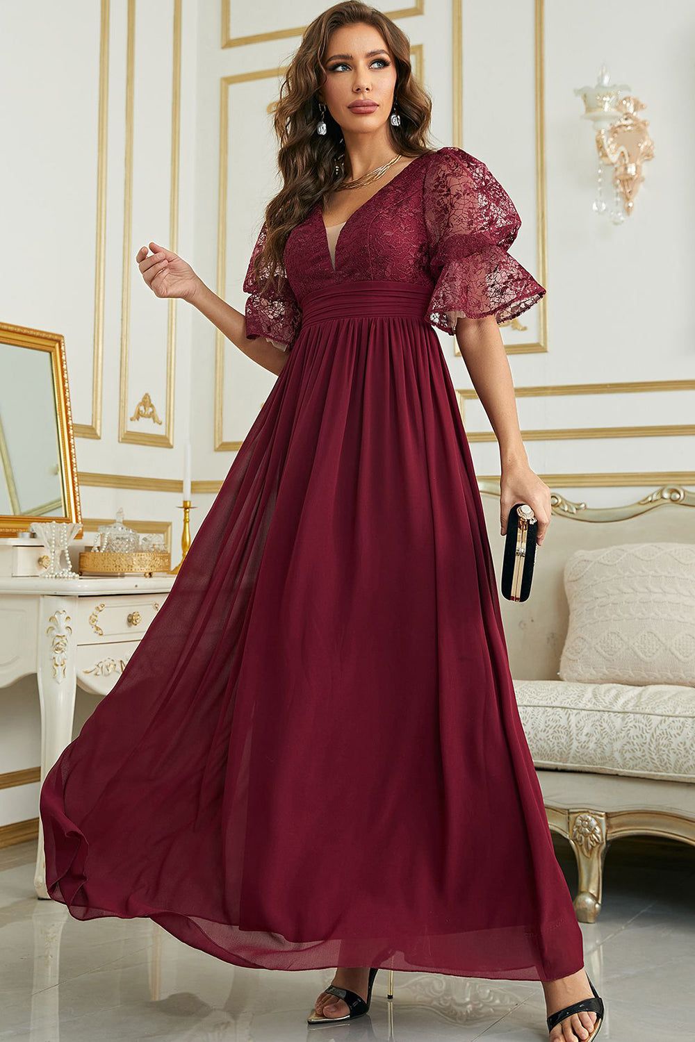 Burgundy Chiffon Bridesmaid Dress with Lace sold by Zapaka
