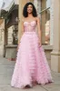 Pink A-Line Strapless Tiered Long Corset Prom Dress with Lace sold by Zapaka