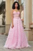 Pink A-Line Strapless Tiered Long Corset Prom Dress with Lace sold by Zapaka