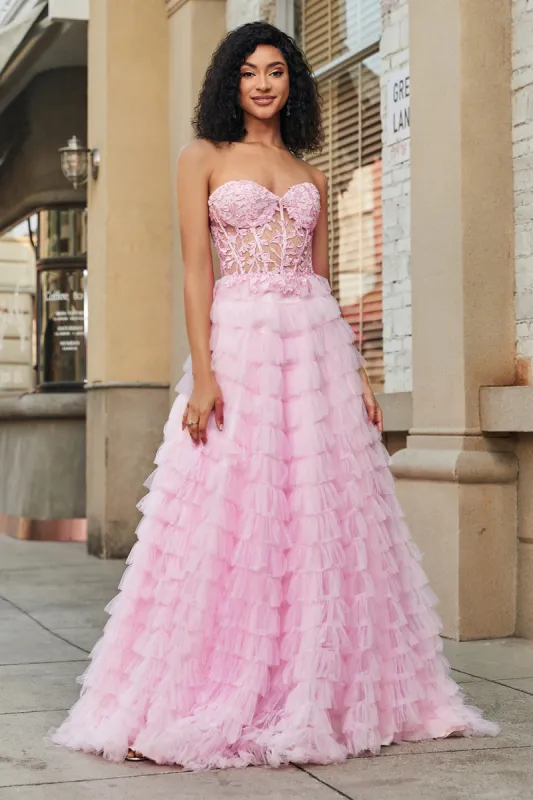 Pink A-Line Strapless Tiered Long Corset Prom Dress with Lace sold by Zapaka