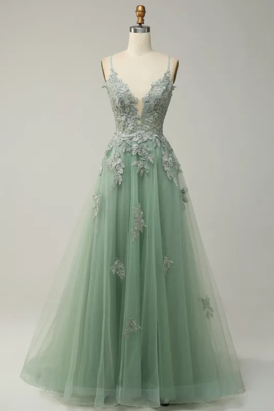 A Line Spaghetti Straps Green Long Prom Dress with Criss Cross Back sold by Zapaka