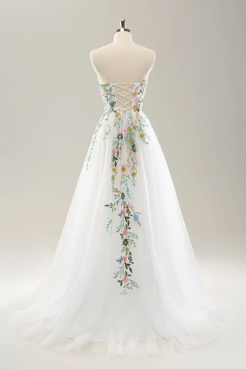 White A Line Strapless 3D Flowers Tulle Wedding Dress with Slit sold by Zapaka product image thumbnail 2
