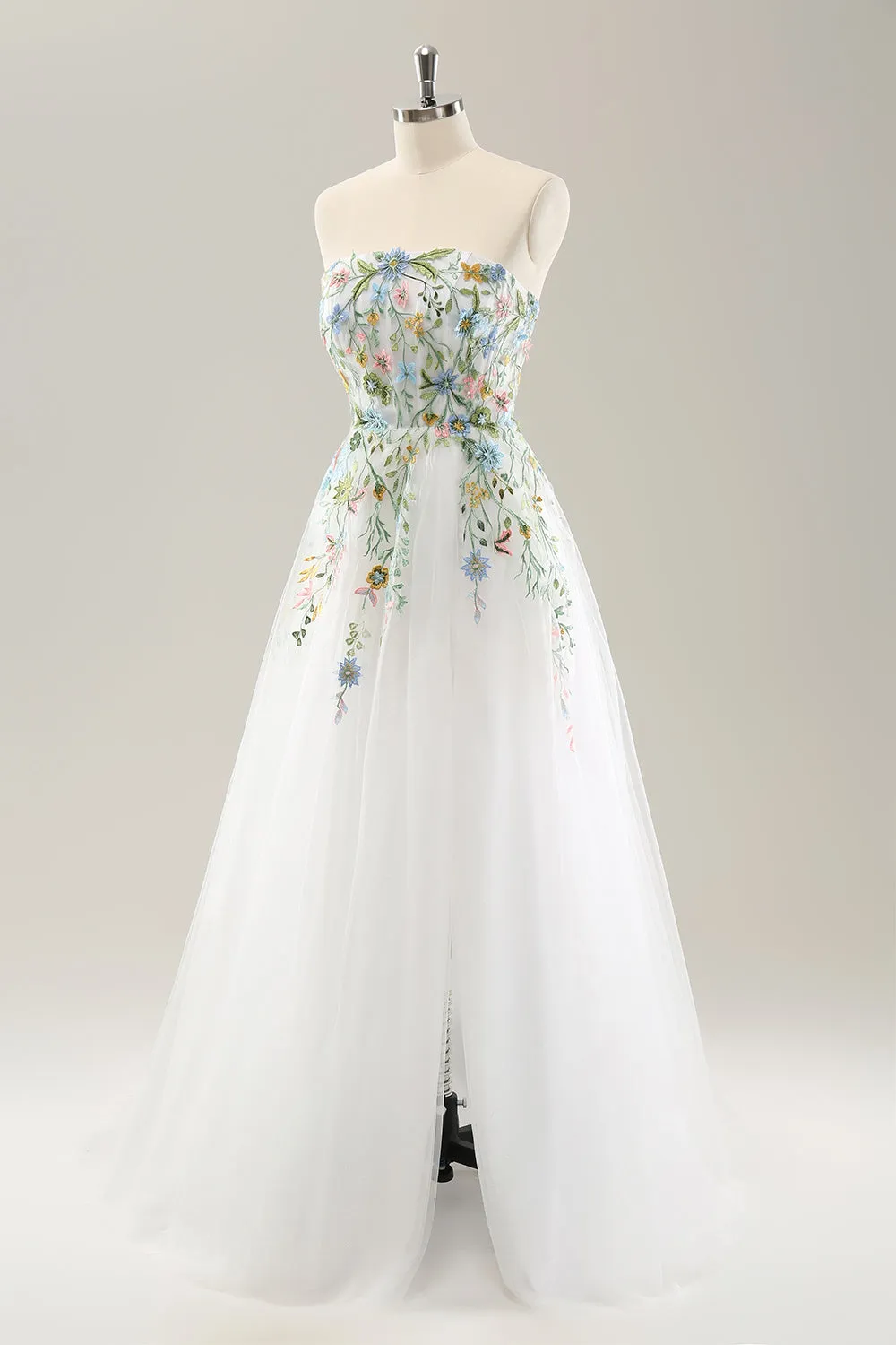 White A Line Strapless 3D Flowers Tulle Wedding Dress with Slit sold by Zapaka product image thumbnail 3