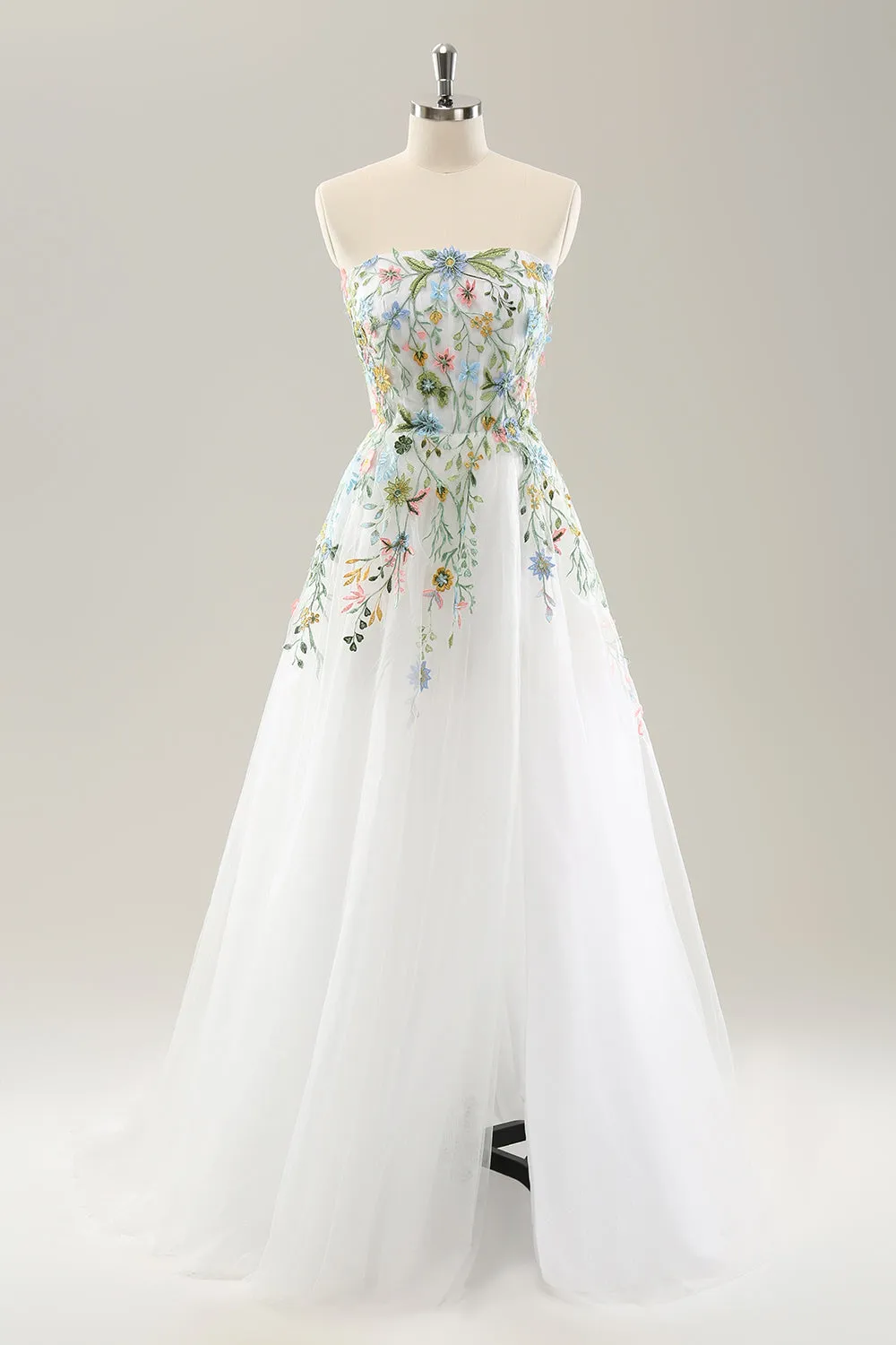 White A Line Strapless 3D Flowers Tulle Wedding Dress with Slit sold by Zapaka