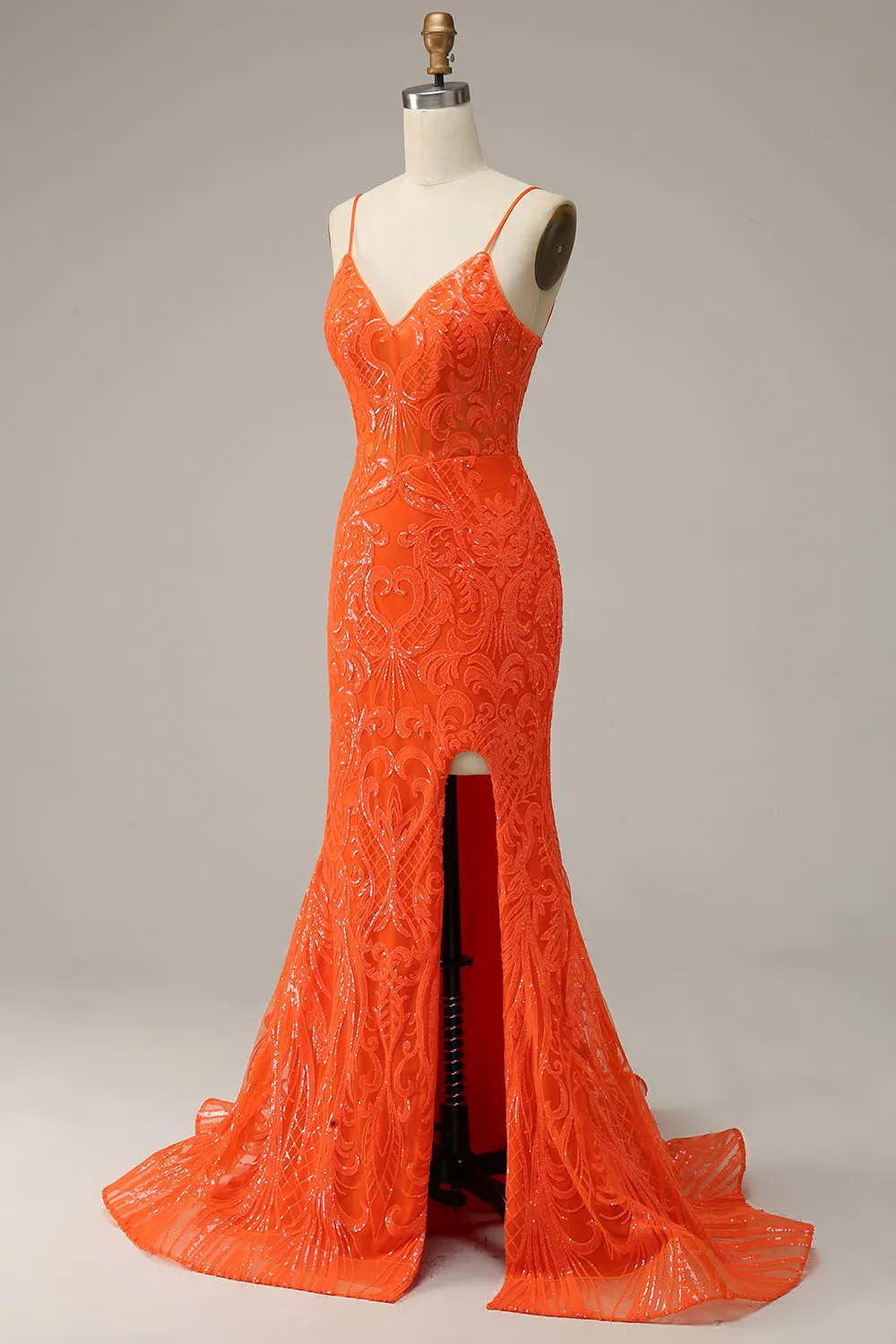 Mermaid Spaghetti Straps Orange Long Prom Dress with Slit Front sold by Zapaka product image thumbnail 3