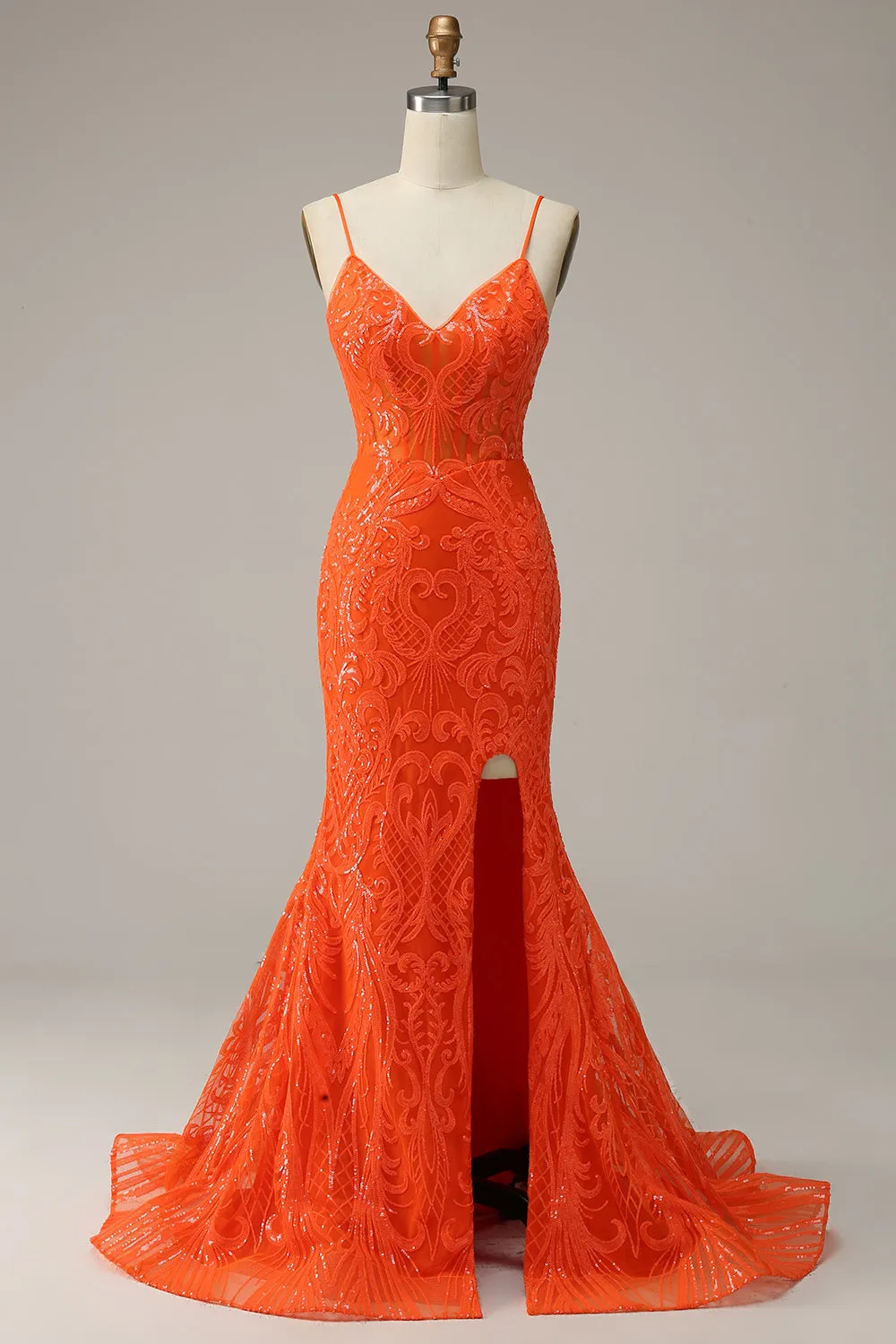 Mermaid Spaghetti Straps Orange Long Prom Dress with Slit Front sold by Zapaka