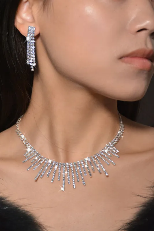 Silver Rhinestone Drop Bridal Earrings Necklace Set sold by Zapaka