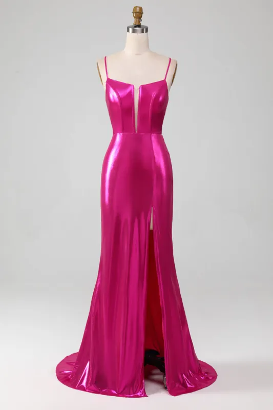 Sparkly Hot Pink Mermaid Simple Prom Dress With Slit sold by Zapaka