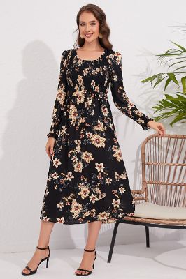 Flower Printed Black Casual Dress with Long Sleeves sold by Zapaka