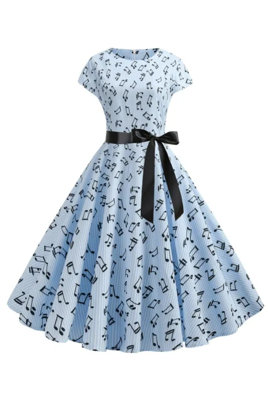 Light Blue Printed Cap Sleeves 1950s Dress sold by Zapaka