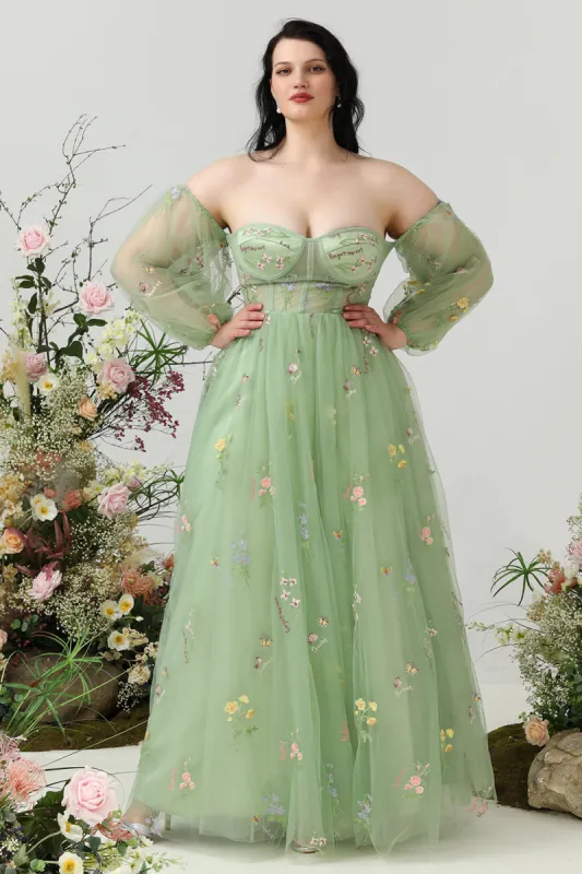 A Line Off the Shoulder Green Plus Size Prom Dress with Embroidery sold by Zapaka