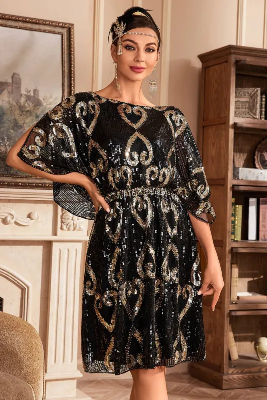 Black Glitter Sequins 1920s Dress with Batwing Sleeves sold by Zapaka