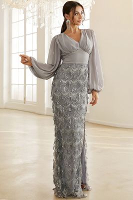 Silver Sheath Long Sleeves Mother of the Bride Dress with Slit sold by Zapaka