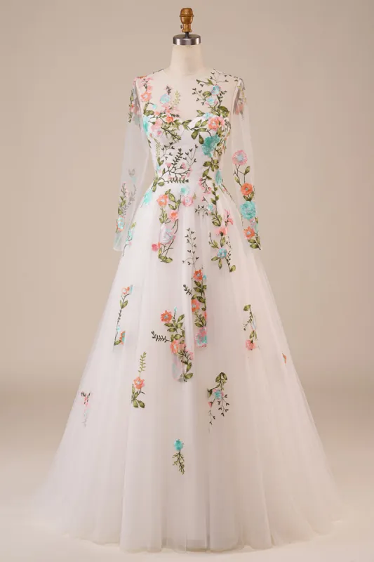 Tulle Long Sleeves Long Ivory Wedding Dress with Embroidery sold by Zapaka