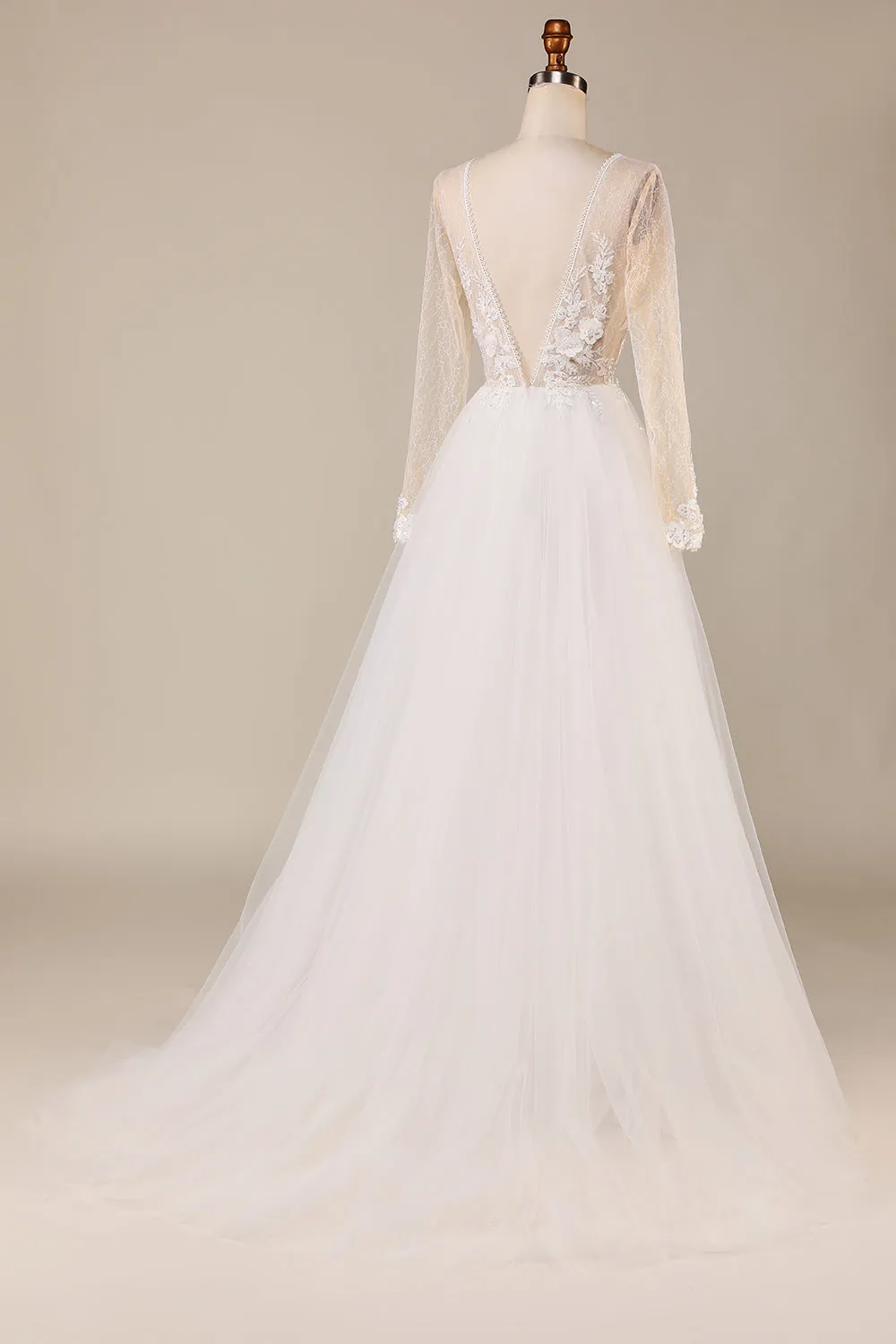 A Line Deep V-Neck Ivory Tulle Sweep Train Wedding Dress with Lace sold by Zapaka product image thumbnail 2