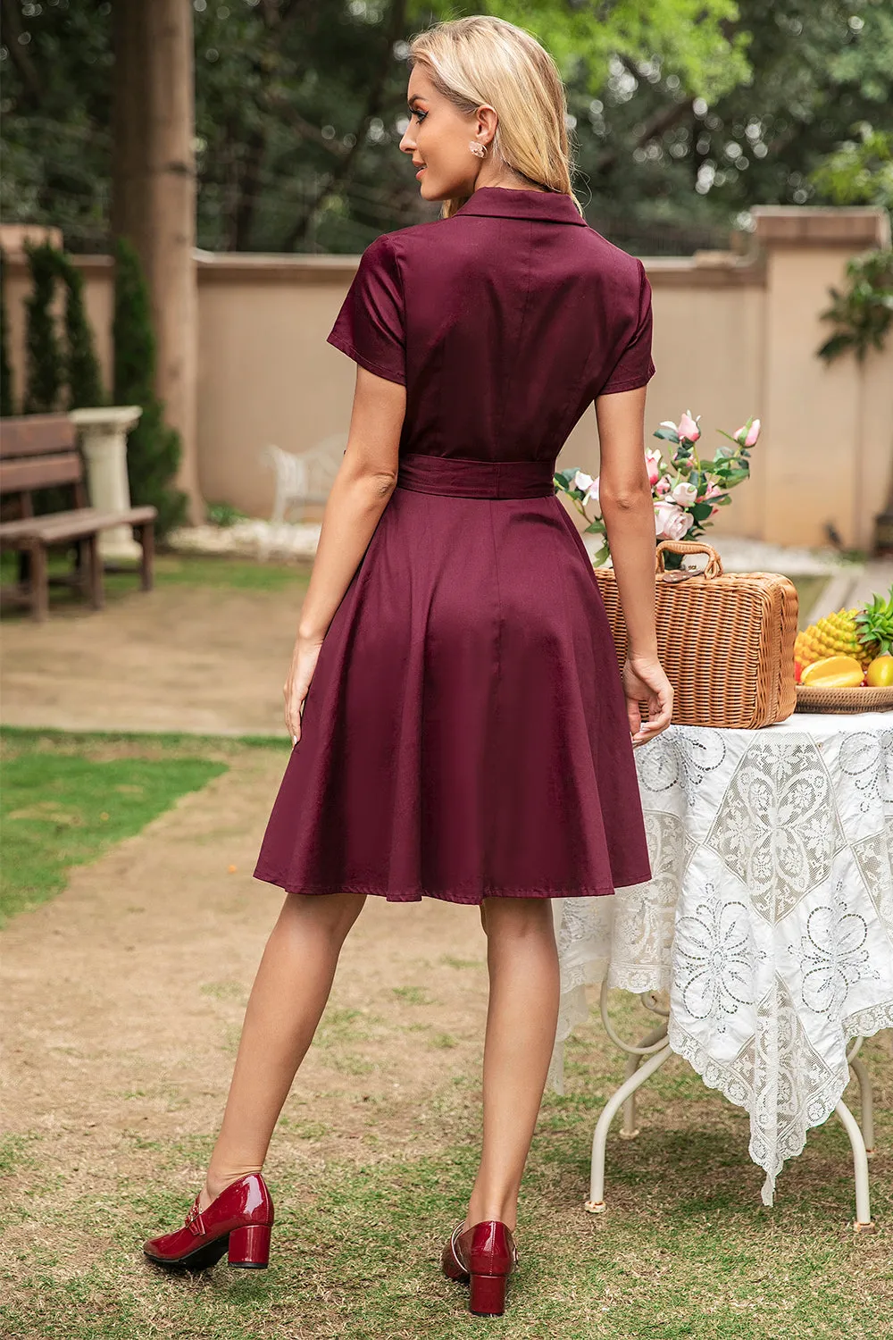 V Neck Burgundy Vintage Dress with Short Sleeves sold by Zapaka product image thumbnail 2