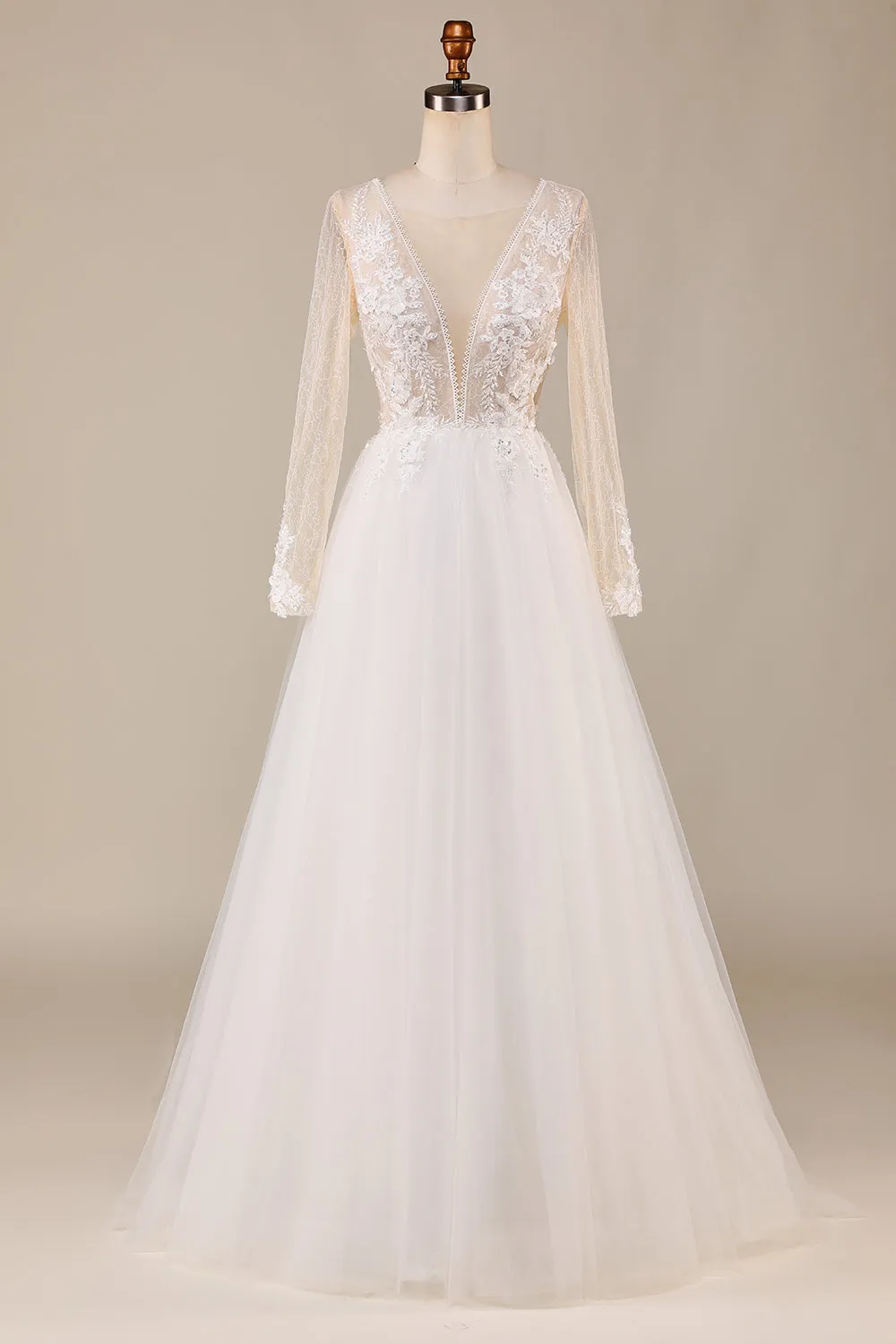 A Line Deep V-Neck Ivory Tulle Sweep Train Wedding Dress with Lace sold by Zapaka
