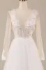 A Line Deep V-Neck Ivory Tulle Sweep Train Wedding Dress with Lace sold by Zapaka