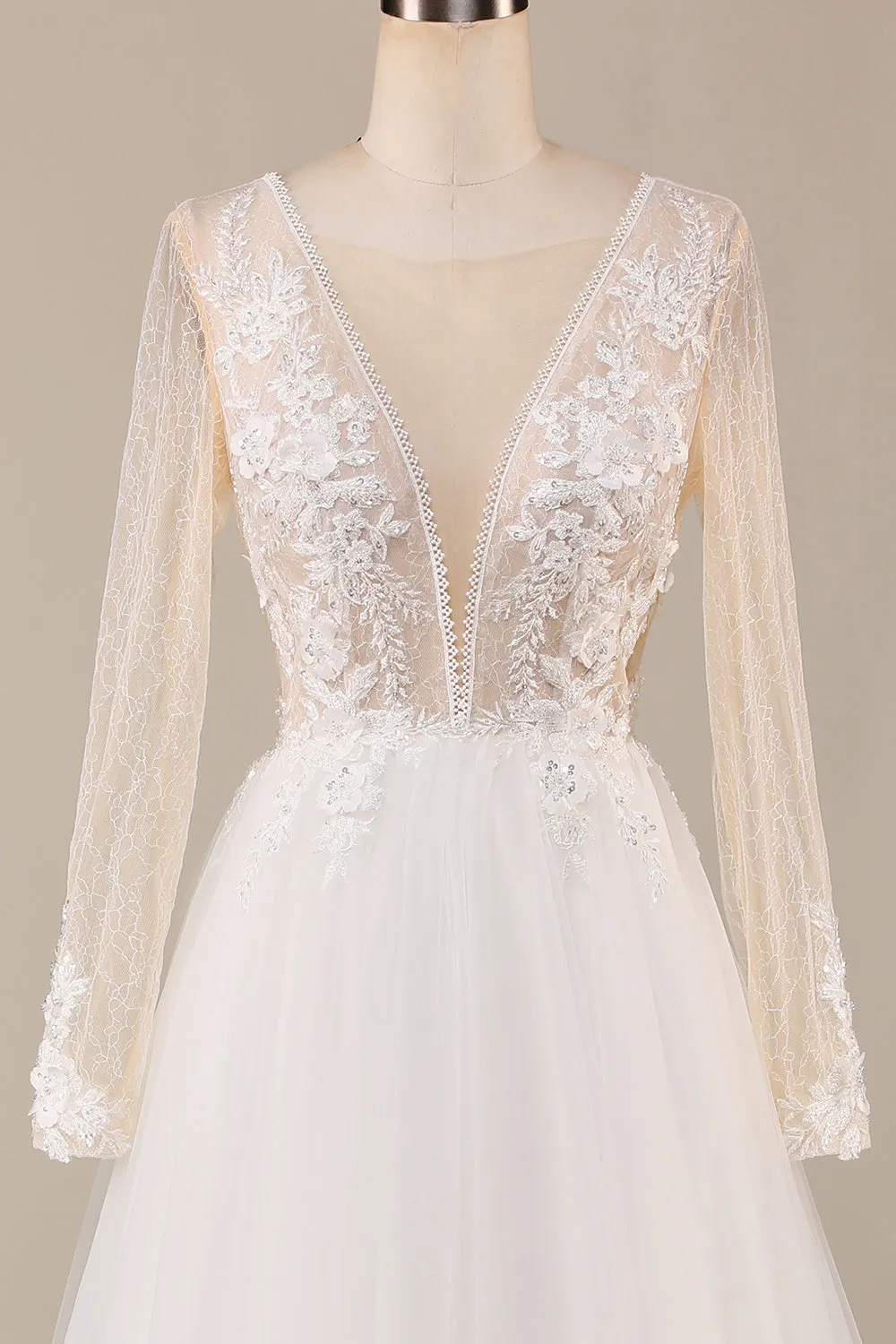 A Line Deep V-Neck Ivory Tulle Sweep Train Wedding Dress with Lace sold by Zapaka product image thumbnail 4