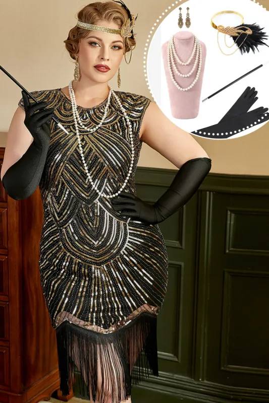 Golden Sequins Plus Size 1920s Gatsby Dress with 20s Acessories Set sold by Zapaka